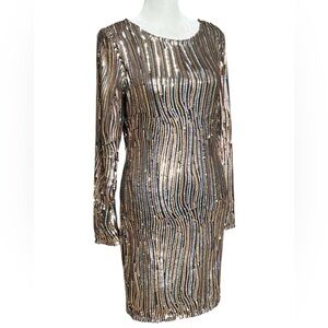 Little Mistress sequined mini dress w/ open back & long sleeves. Gold, black. 6